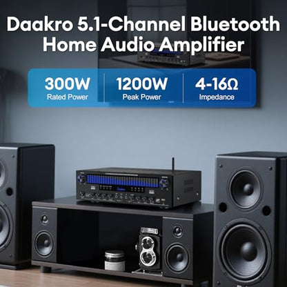 Daakro Stereo Receivers Home Audio Amplifier w/DSP Display,300W Rated Power 5.1 Channel Bluetooth Receiver,Home Amp w/BT/CD/DVD/AUX/USB/BT/FM/Opt/COA/MIC for Home/Studio/Theater Passive Speaker - size: 3800