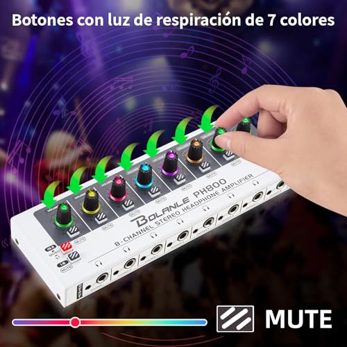 Bolanle PH400 8-Channel Headphone Amplifier 16-Output 3.5mm 6.35mm 250Ω | Drives up to 250Ω Headphones for Studio, Band, Home Recording - size: PH800