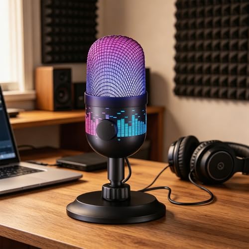 Gaming Microphone, USB Dynamic Gaming Mic for PC, Computer Gaming Streaming Mic with RGB Light, Mute Button, Gain Control, Desktop Podcast Mic for Recording Studio Twitch YouTube - RK102