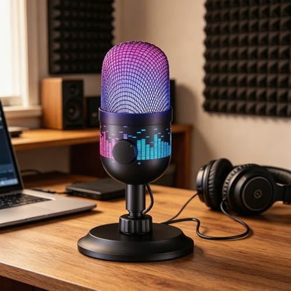 Gaming Microphone, USB Dynamic Gaming Mic for PC, Computer Gaming Streaming Mic with RGB Light, Mute Button, Gain Control, Desktop Podcast Mic for Recording Studio Twitch YouTube - RK102