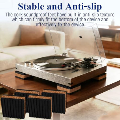 Cork Soundproofing Mats and Vinyl Record Soundproofing Feet, 2” x 2” x 7/8” Dimensions for Turntable Amplifiers Subwoofers Record Players Vibration Isolation and Noise Reduction (4-Pack)