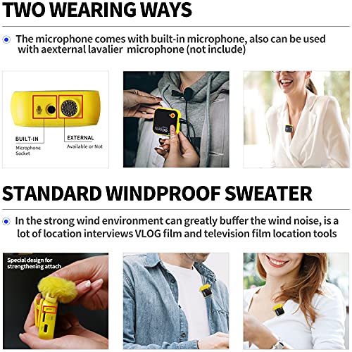 LENSGO 348C 2.4Ghz Wireless Lavalier Microphone 32GB TF Card Slot Compact Lav Mic 2 Transmitter and 1 Receiver Wireless Lapel Microphone for iPhone Smartphone Camera Vlog YouTube Interview Streaming Y - color: Yellow-2s