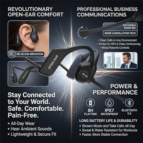 Open Ear Air X3 Bone Conduction Headset with Mic, Dual Connect Wireless Headphones, Noise Cancelling Wireless Headset with Mute Button, Designed for Truck Driver, Meeting, Home Office - color: Black