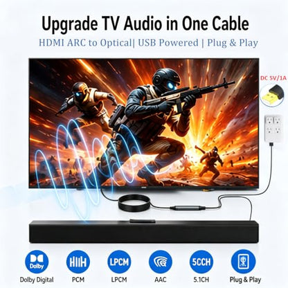 HDMI ARC to Optical Audio Converter Cable for TV, 5FT ARC to Toslink SPDIF Audio Extractor for Soundbar, AV Receiver & Home Theater, Supports PCM/LPCM, Dolby Digital & DTS 5.1, USB Powered