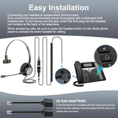 One Ear Wired Headphone for Deskphones, Telephone Headset with QD-RJ9 Jack & Noise Cancelling Microphone for Office Call Center, Works for Grandstream,Snom,Yealink,Fanvil,Cisco IP Phones and More
