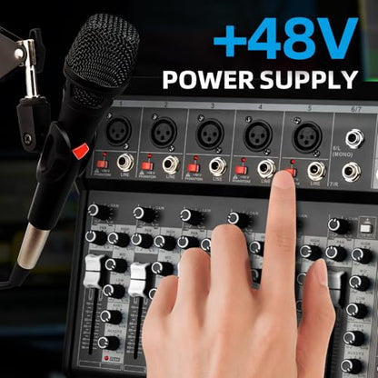 Depusheng Professional Audio Mixer, 7 Channel Audio Interface Sound Board Mixing Console System, 16-Bit DSP DJ Bluetooth Mixer +48V Phantom Effect For Karaoke Studio Streaming Recording (XT7)