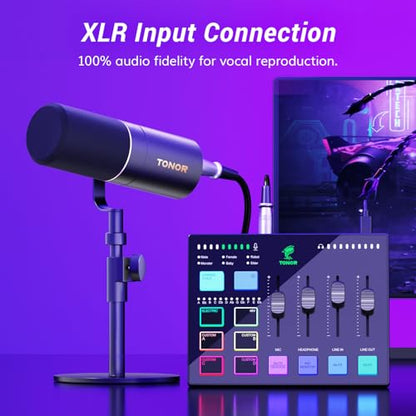 TONOR Audio Interface and Microphone Set, Podcast Equipment Bundle, USB Audio Mixer with RGB, XLR Dynamic Microphone with Studio Sound Quality, Complete Package for Content Creating, Gaming, Streaming
