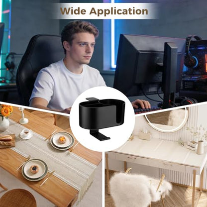 2-in-1 Desk Cup Holder Clamp with Headphone Hanger, Clip On Desk Organizer for Drinks and Headsets, No Drill Install ABS Caddy, Fits Cups Under 3.54 in for Gaming or Office Desks