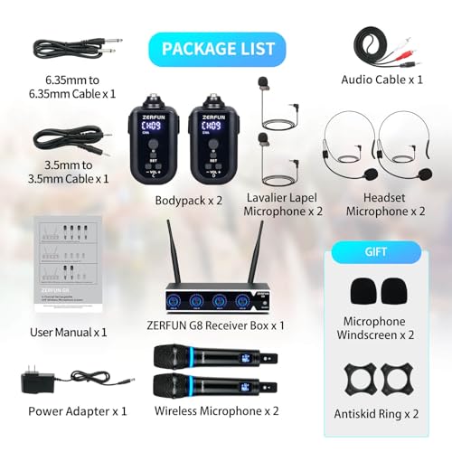 4 Channel Rechargeable Wireless Microphone System, Pro UHF Metal Handheld Headset Lavalier Lapel Cordless Mics for Karaoke Singing Church with VOL Control, 4x50 Adjustable Frequency(G8)