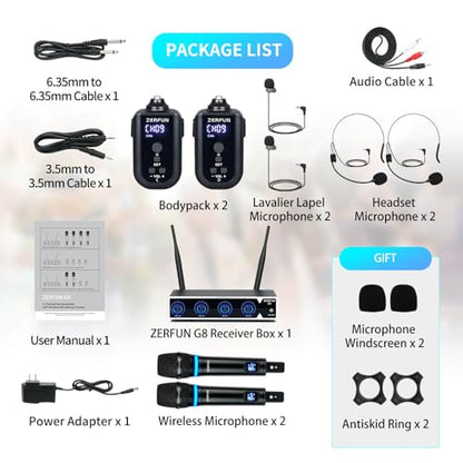 4 Channel Rechargeable Wireless Microphone System, Pro UHF Metal Handheld Headset Lavalier Lapel Cordless Mics for Karaoke Singing Church with VOL Control, 4x50 Adjustable Frequency(G8)