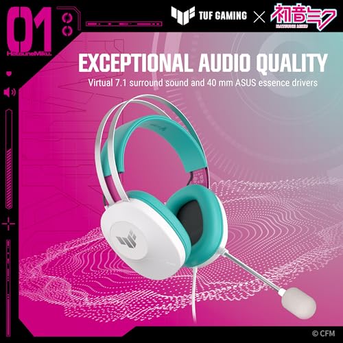 ASUS TUF Gaming H1 Gaming Headset Wired, Discord Certified Mic - Aqua | 40mm Drivers, Virtual 7.1 Surround Sound, TeamSpeak-Certified Mic, Removeable Ear Cushions, for PC, PS5
