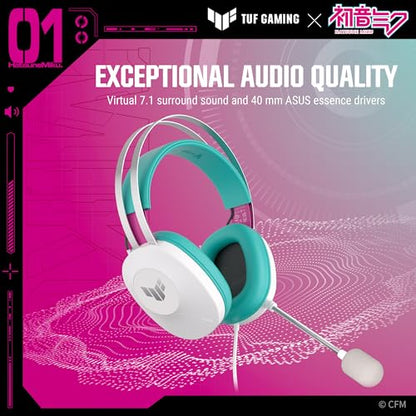 ASUS TUF Gaming H1 Gaming Headset Wired, Discord Certified Mic - Aqua | 40mm Drivers, Virtual 7.1 Surround Sound, TeamSpeak-Certified Mic, Removeable Ear Cushions, for PC, PS5