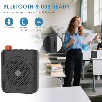 15W Wireless Voice Amplifier for Teachers, Dual Magnetic Lavalier Mics with Noise Reduction, Portable Bluetooth 5.3 PA System for Tour Guide Yoga, 15H Battery Waist-Mount Speaker, 98FT Range (Black) - color: Black