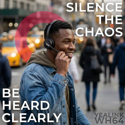 Yealink WH64 Wireless DECT Headset & Bluetooth MS Mono, Teams & Zoom Compatible, Acoustic Shield 2.0, 3-Mic Noise Cancellation, All-Day Comfort, Plug & Play for PC, Phone & UC Platforms, Long Battery - style: WH64 Mono-MS