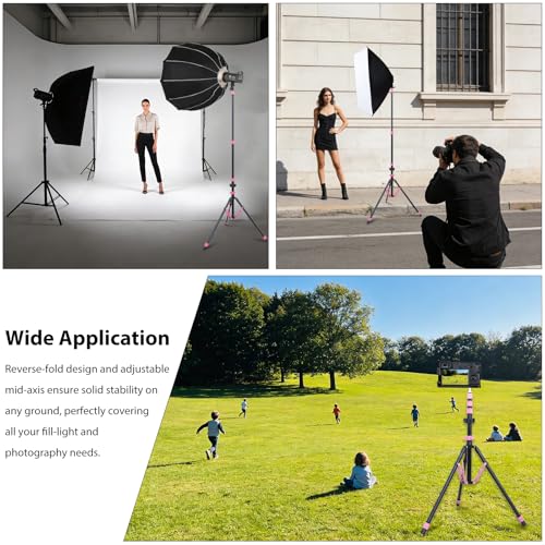 Photography Light Stand, 6.5ft Adjustable Reverse Folding Tripod Stand | Portable Aluminum Light Stand with Carrying Bag & Sandbag, for Softbox, Speedlite, Flash, LED Lights and Camera, Pink - color: Pink