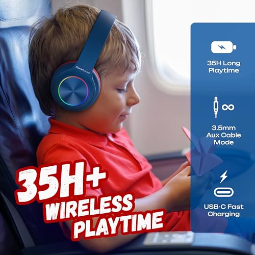 PowerLocus PLED Kids Bluetooth Headphones, Kids Wireless Headphones with LED Lights, 74/85/94dB Safe Volume, Micro SD, AUX Cable, Hi-Fi Stereo, Built-in Mic Over Ear Kid Headphone for Travel/Tablet/PC - color: Blue/Red