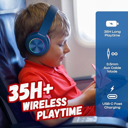 PowerLocus PLED Kids Bluetooth Headphones, Kids Wireless Headphones with LED Lights, 74/85/94dB Safe Volume, Micro SD, AUX Cable, Hi-Fi Stereo, Built-in Mic Over Ear Kid Headphone for Travel/Tablet/PC - color: Blue/Red