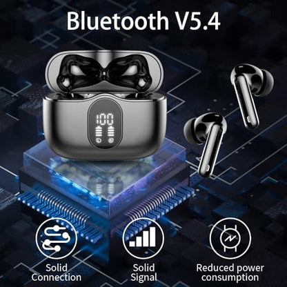 Wireless Earbuds, Bluetooth 5.4 Headphones Bass Stereo, Ear Buds with Noise Cancelling Mic LED Display, IP7 Waterproof in Ear Earphones, 36H Playtime for Laptop Pad Phones Sports Workout, Black | Ear Buds with Noise Cancelling Mic LED Display, 36H, IP7 Wa