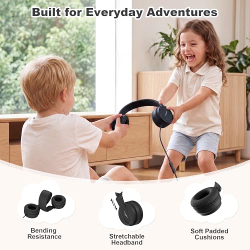 AILIHEN I35 Kids Headphones for School with Mic, 93dB Volume Limited, Black | Wired On Ear Headphones for Boys Girls, Foldable Lightweight Headphone for Classroom Learning & Entertainment Travel Computer - color: Jet Black