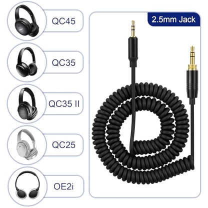 QC45 Coiled Audio Cable Compatible with Bose QuietComfort, QuietComfort Ultra, QC45, QC35, QC35 II, QC25, NC700, OE2, Soundlink, SoundTrue headphones, 2.5mm to 3.5mm Cable with 6.35mm Adapter, 4-14ft