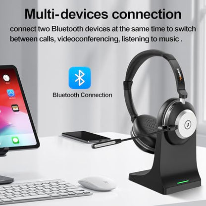 Wantek Wireless Headset with Mic- USB & Bluetooth Connectivity, 50-Hour Battery Life, AI Noise Cancelling Adjustable Microphone Charging Dock, Comfort Fit for Home/Office/Mobile Phone