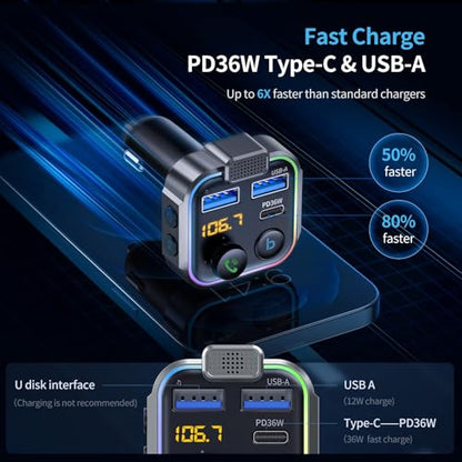 UNBREAKcable Bluetooth FM Transmitter for Car, PD 38W Fast Charging, Wireless Bluetooth FM Radio Adapter, Car Kit with Hands-Free Calls, HiFi Bass Boost MP3 Music Player Support USB Drive - color: Grey