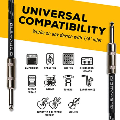 Instrument Cable - 1/4 Inch TS to 1/4 Inch Instrument Cable for Bass/Electric Guitar- Black/Grey Braided Tweed, 10 Ft - color: Black/Grey, size: 10ft