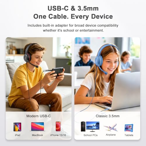 SIMOLIO-USB-C Wired-Kids-Headphones for-School with Boom-Mic & Volume Limit | Durable Over-Ear Headsets with Mute Button,Pouch,Adjustable Headband for E-Learning,Travel,iPad,iPhone,Tablet,Galaxy,MacBook - color: Graphite Black USB C & 3.5mm
