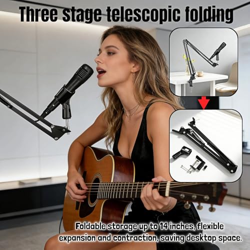 Microphone Boom Arm Stand, Adjustable Desk Mount Scissor Arm with 360° Rotation, Heavy Duty Metal, for Podcast, Recording, Streaming, Gaming, Voice-Over, Studio, Home Office – Black