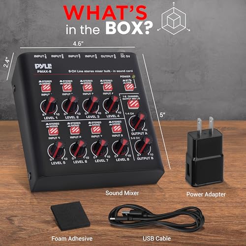Pyle 8-Channel Bluetooth Mini Line Mixer with USB Audio Interface - 8 Mono/Stereo Switching Inputs | Ultra-low Noise Design with High Headroom | Built-in USB-C Sound Card - PMAX8 - size: 8 Channel
