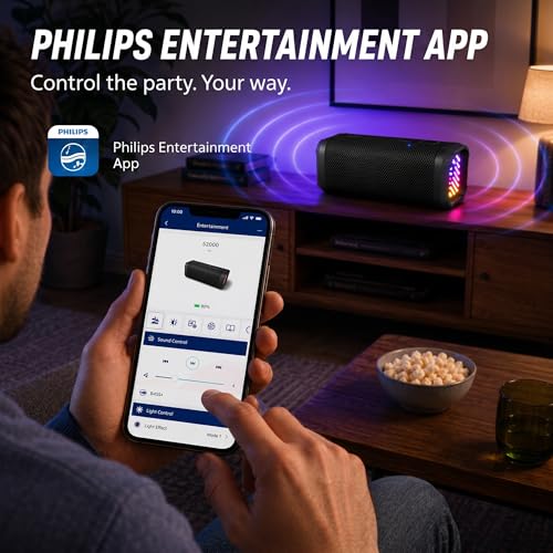 PHILIPS Portable Bluetooth Speaker, Wireless Stereo Sound Party Speaker with Deep Bass, IPX5 Waterproof, 20 Hour Playtime, Auracast & TWS Pairing, USB Playback, Bluetooth 5.4 for Outdoor & Indoor Use