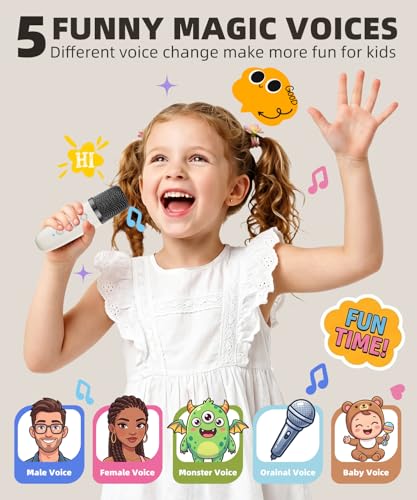 Mini Kids Karaoke Machine Toy Ages 3-12, 2 Wireless Mics Bluetooth Speaker | LED Party Lights, Voice Changer, Duets, BT 5.3, Rechargeable Portable, Christmas Birthday Gifts for Toddler Boys & Girls - color: Off-White - 2 Mics