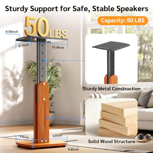 Solid Wood Speaker Stands Pair for Studio Monitor and Bookshelf Speakers | Height Adjustable Floor Speaker Stands for Klipsch, ELAC, JBL, KEF, Edifier Surround Sound Hold Up to 50 Lbs (Walnut)