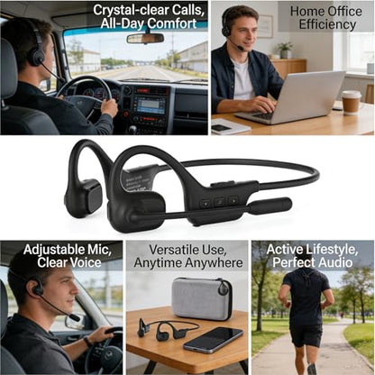 Bluetooth Headset, Over Ear Bluetooth Bone Conduction Headset with Mic,Noise Cancelling Wireless Headset with Mute Button, for for Truckers Meeting, Home Office,Driving (Black) - color: Black