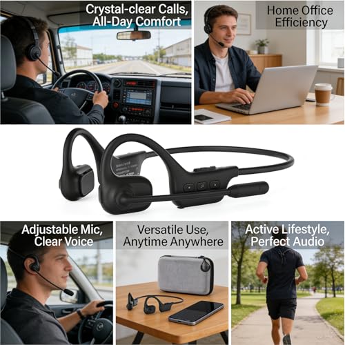 Bluetooth Headset, Over Ear Bluetooth Bone Conduction Headset with Mic,Noise Cancelling Wireless Headset with Mute Button, for for Truckers Meeting, Home Office,Driving (2Pcs Black) - color: 2Pcs Black