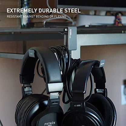 ADV. Dual Suspension Headphone Stand – Floating Headset Stand with 360° Rotating Arm, Adjustable Clamp for Desk/Table, Steel Metal Holder, 3.5mm Jack Mount, Universal Fit, [Grey]