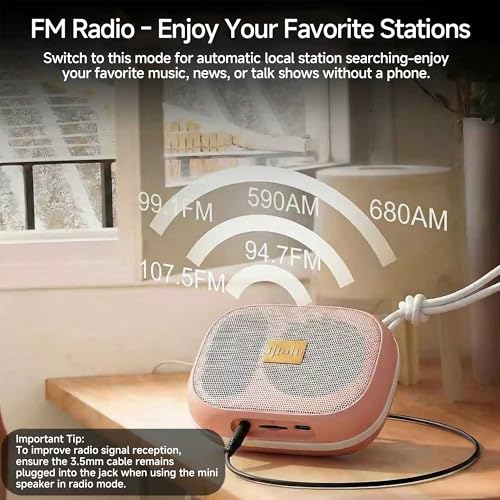 FunHub Waterproof Bluetooth Shower Speaker, Small & Light with Anti-Slip Sides, 3 Play Modes, FM Radio, Bluetooth 5.3 Immersive Stereo Sound (TWS), for Bathroom, Pool, Beach & Outdoor Party – Pink - color: Pink
