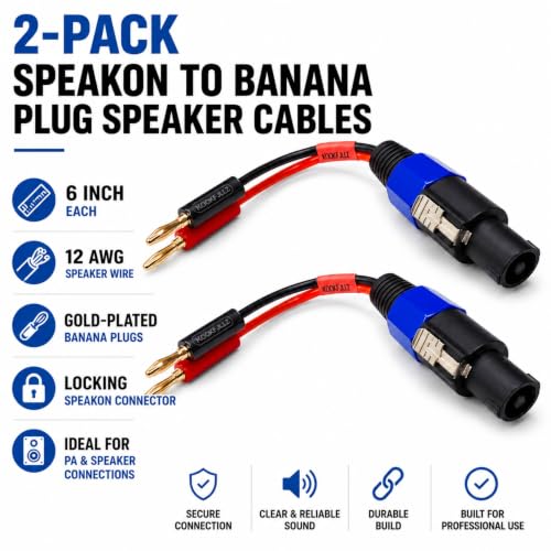Speakon to Banana Plug Speaker Cables 2 Pack - 12AWG Gold Plated Professional Speaker Wire 6 Inch