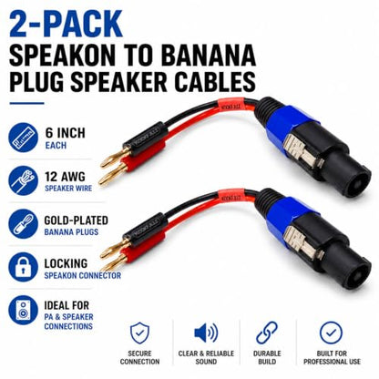 Speakon to Banana Plug Speaker Cables 2 Pack - 12AWG Gold Plated Professional Speaker Wire 6 Inch