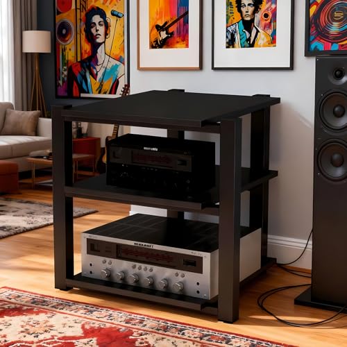 Heavy Duty Audio Rack Tower, Av Media Player Stand with Wooden Shelves, Black Cd Stereo Equipment Cabinet, Suitable for Home,Office/Audio Video/Theate (Black, 3 Tier) - size: 3 Tier