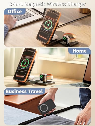 (Apple MFi Certified)3 in 1 Charging Station Apple, 25W 6FT Mag safe Stand Magnetic Charger for iPhone and iWatch with 35W USB C Block for iPhone 17 Pro Max/16 Pro/15 Plus/14/13/12,AirPods,Apple Watch