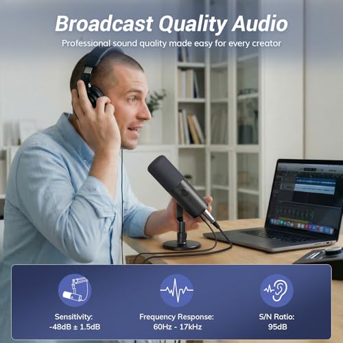 TONOR Dynamic Podcast Microphone for Studio, Cardioid XLR/USB Mic, AI Noise Cancellation, Tap Mute, 3.5mm Headphone Jack for Monitoring, Volume Control, Microfono with Desktop Stand, Black, TD510 AIR