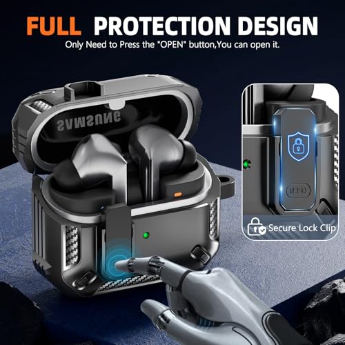 Safety Lock Case for Samsung Galaxy Buds3 FE/3/3 Pro (Black) | with Secure Lock Clip & Cleaning kit Full Body Shockproof Carbon Fiber Protection Design - color: F-black