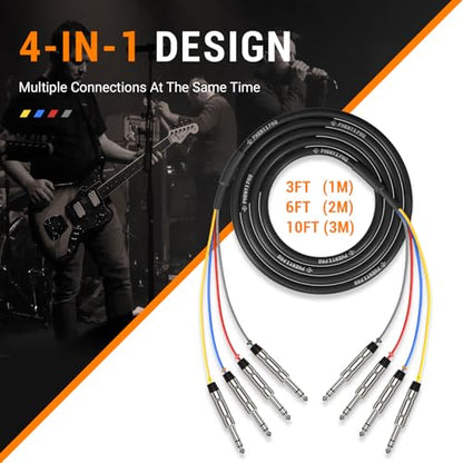 Phenyx Pro 4-Channel 1/4-Inch TRS Patch Cable 3 ft PCBL-QR4IN1-3 | 4-in-1 Color-Coded Audio Cable, 24 AWG OFC Copper, Balanced TRS to TRS, Guitar, Bass, Amp - size: 3 Feet