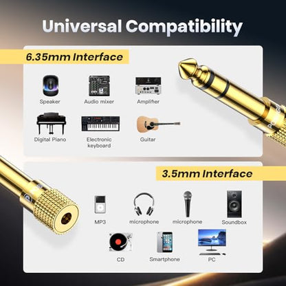 6.35mm 1/4 Male to 3.5mm 1/8 Female Headphone Jack Adapter 2 Pack | 24K Gold-Plated, 3.5mm to 1/4 Adapter Stereo, Aux Jack Converter for Speaker Digital Piano Drums Guitar Amplifier - size: 2 PACK