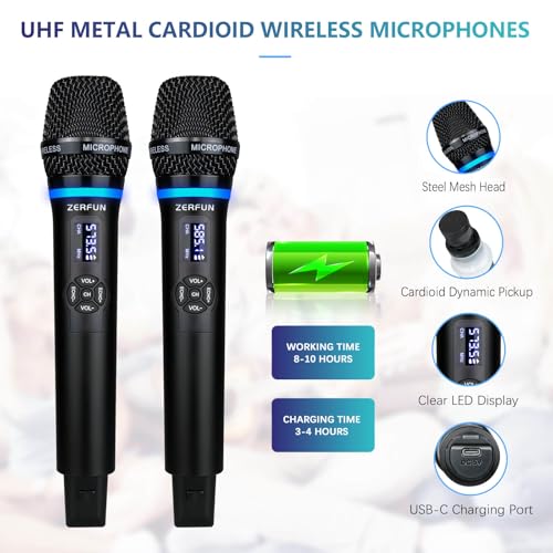 Dual Wireless Microphones Rechargeable, UHF Metal Wireless Mic System Cordless Microphone Professional with Echo VOL Channel Control for Karaoke Singing Church Events - style: WM-2 C