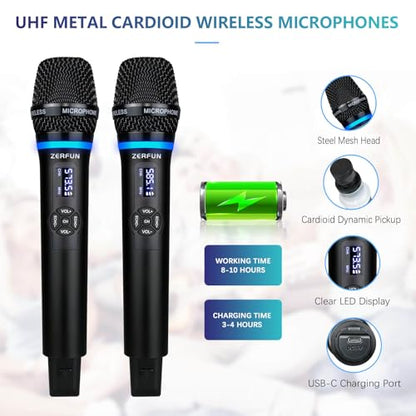 Dual Wireless Microphones Rechargeable, UHF Metal Wireless Mic System Cordless Microphone Professional with Echo VOL Channel Control for Karaoke Singing Church Events - style: WM-2 C