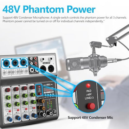 Aveek Professional Audio Mixer, Sound Board Mixing Console with 5 Channel Digital USB Bluetooth Echo Delay Effect, Input 48V Phantom Power Stereo DJ Mixers for Recording, Live Streaming, Podcasting
