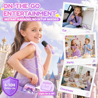 YLL Karaoke Machine for Kids, Portable Mini Speaker with 2 Wireless Microphones, Kids Toy Gifts for Girls Ages 3, 4, 5, 6, 7, 8, 9, 10+ Years Old, 4-12th Birthday Singing Home Family Party - color: Violet-Cat
