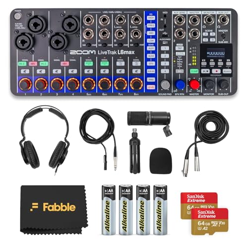 Zoom LiveTrak L6max Digital Mixer/Recorder Bundle with ZDM-1 Podcast Mic Pack, Headphones, Mic Stand, XLR Cable, Windscreen, Batteries, MicroSD Cards